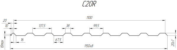 Профнастил С20R 1150/1100x0,5 мм, 7024 графитовый серый PUR Pruf
